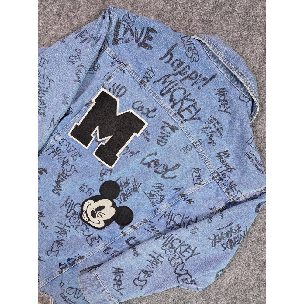 Stradivarius x Disney Mickey Mouse Graffiti Denim Jacket Womens M NWT Patches